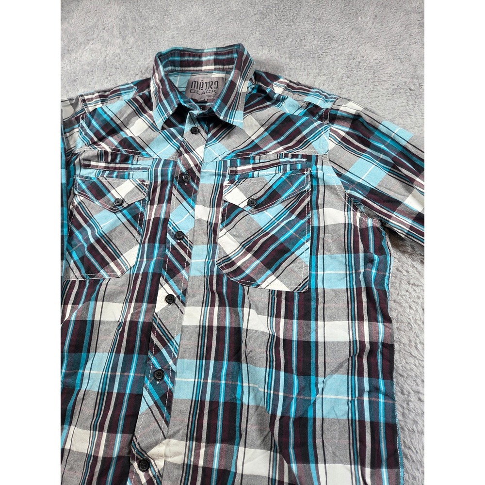 Metro BLK Rue21 Button Down Shirt Large Turquoise Plaid Mens Long Sleeve Pocket
